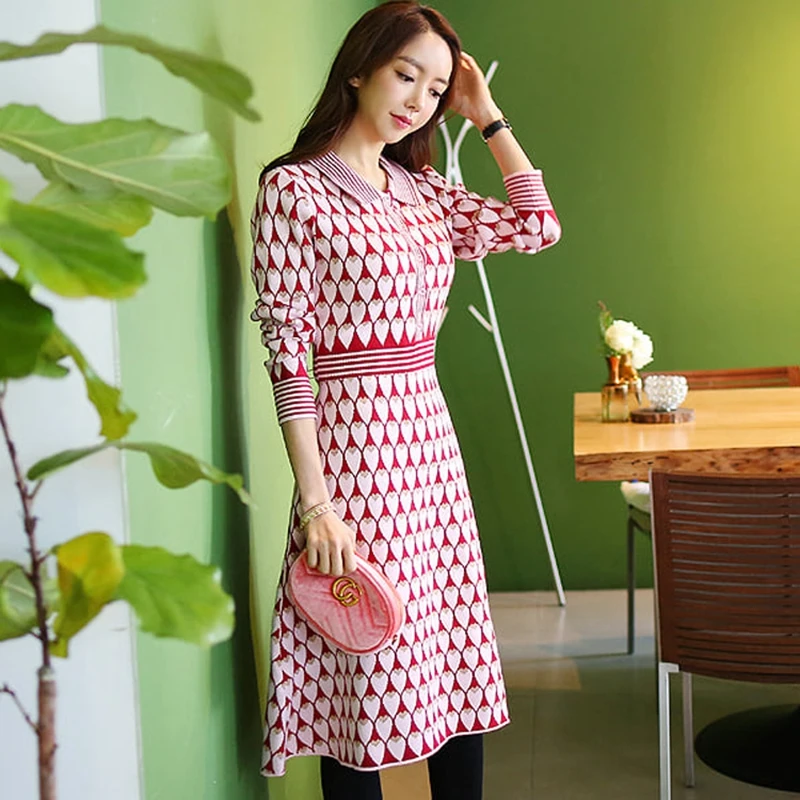 

Runway Designer Slim Heart Jacquard Dress Robe Femme Autumn Winter Elegant Pullovers Women Knit Sweater Dress Vestidos