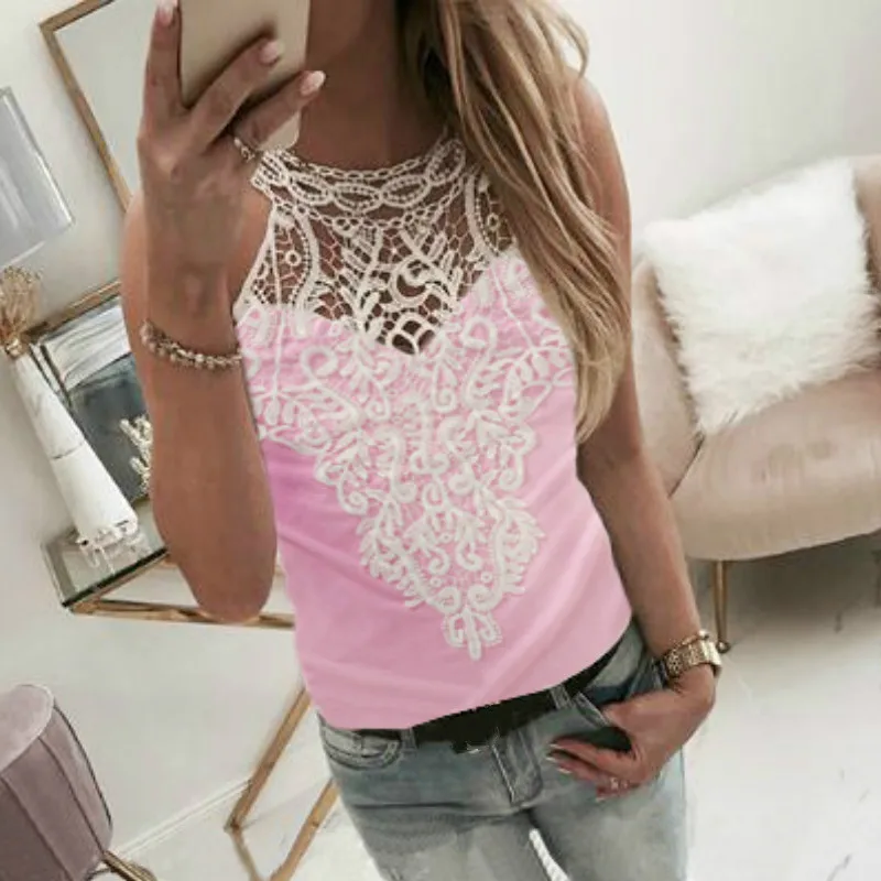 Женская кружевная блузка без рукавов ажурная Лоскутная Блузка с высоким