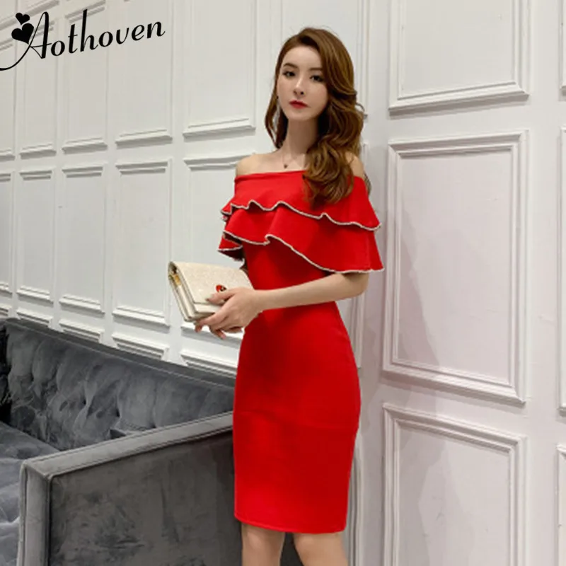 

Office Slash Neck Ruffles Club Dress for Ladies Sheath Bodycon Wrap Dress Women Corset Bandage High-end Elegant Summer Dress