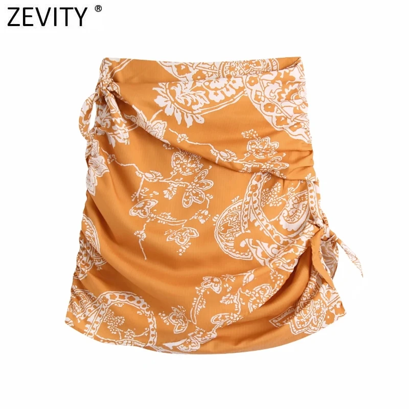 

Zevity Women Vintage Totem Floral Print Knotted Hem Irregular Pleated Skirt Faldas Mujer Female Back Zipper Mini Vestidos QUN834