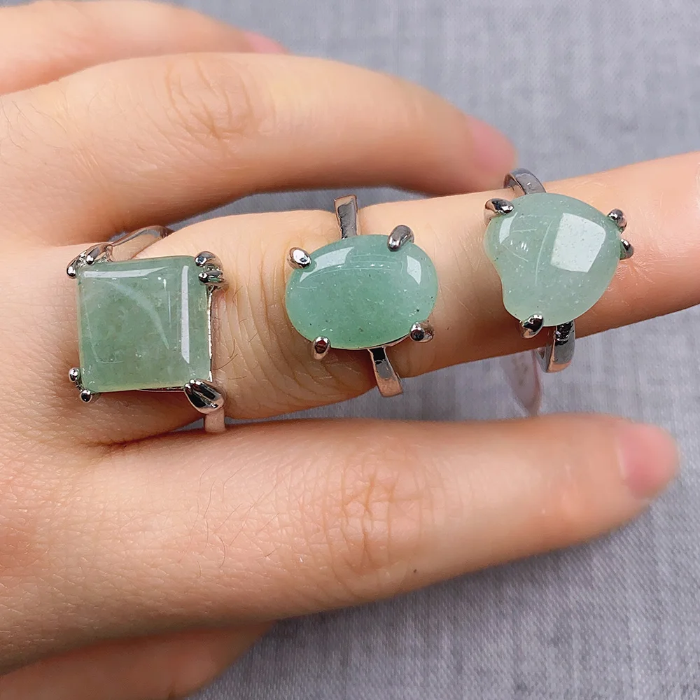 

20pcs Natural Stone Rings Heart Shape Green Aventurines Mix Style for Women Jewelry Rings Inside Diameter 18-20mm Wholesale