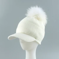 women hat winter baseball cap real raccoon fur pompom knit beanie warm fleece lining skiing outdoor accessory girl teenager