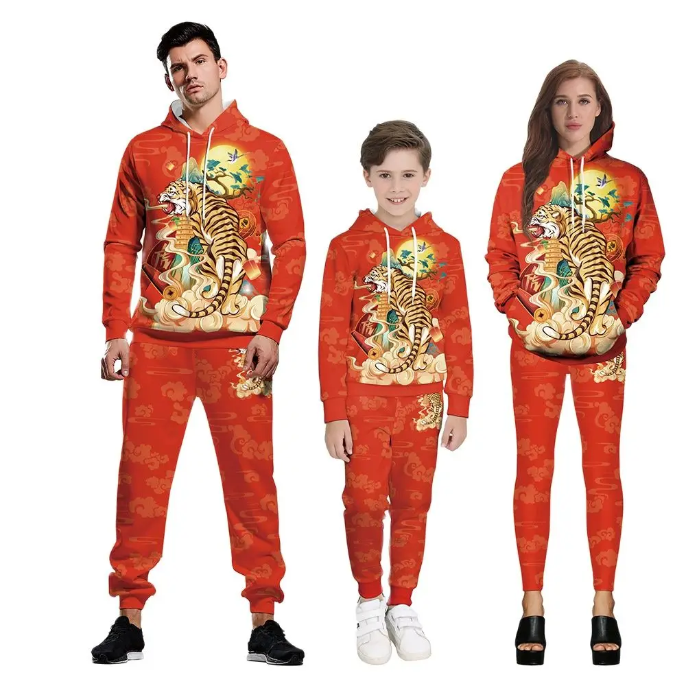 

Новый год тигр, Крутая толстовка с принтом, Мужской комплект из двух предметов в стиле хип-хоп для родителей и детей, свитшот для мужчин и жен...