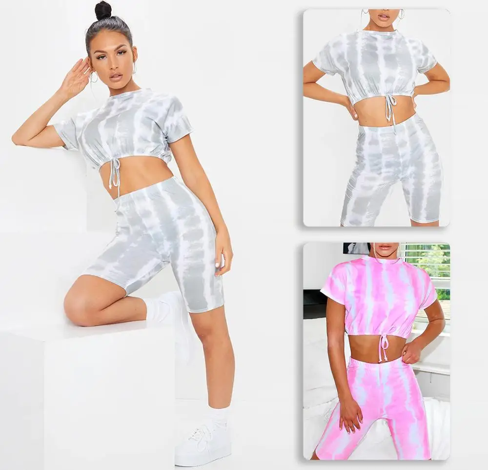 

young party women fahsion short sleeves round neck and stripes crop top and hot shorts 2 pieces set high street lady fahsion set