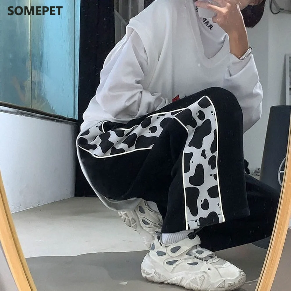 

Pants Womens Loose Autumn Drawstring Hem Ins Casual Trousers All-match Chic Cow Pattern Hip Hop Streetwear Bf Sweet Tide