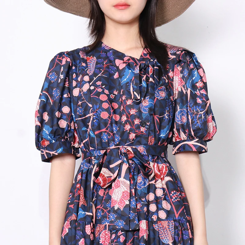 

TWOTWINSTYLE Vintage Print Casual Sashes Slim Dress For Women O Neck Puff Short Sleeve High Waist Midi Dresses Female 2021 Style
