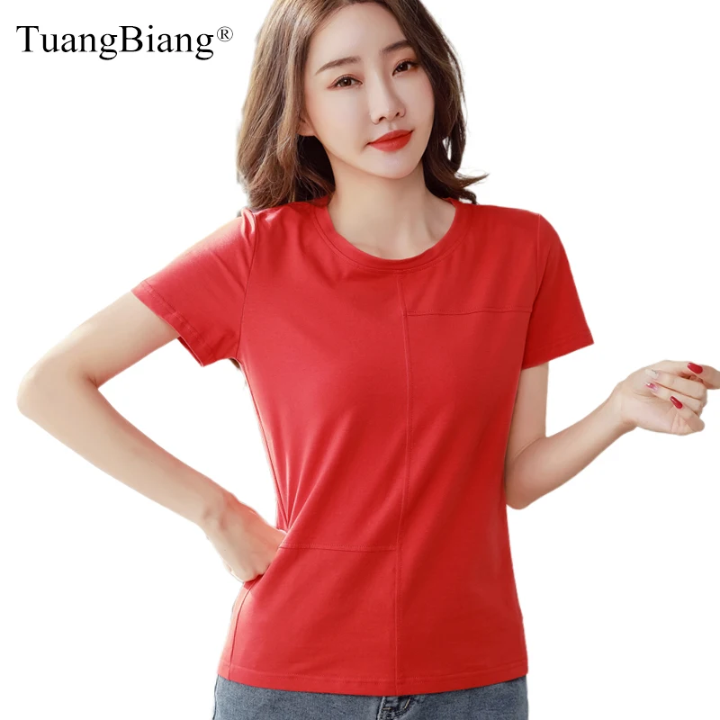 2022 Ribbed Patchwork Summer Cotton T-Shirts Women O-Neck Loose Plus Size Burgundy Tshirts Short Sleeve Ladies Orange Cozy Tops