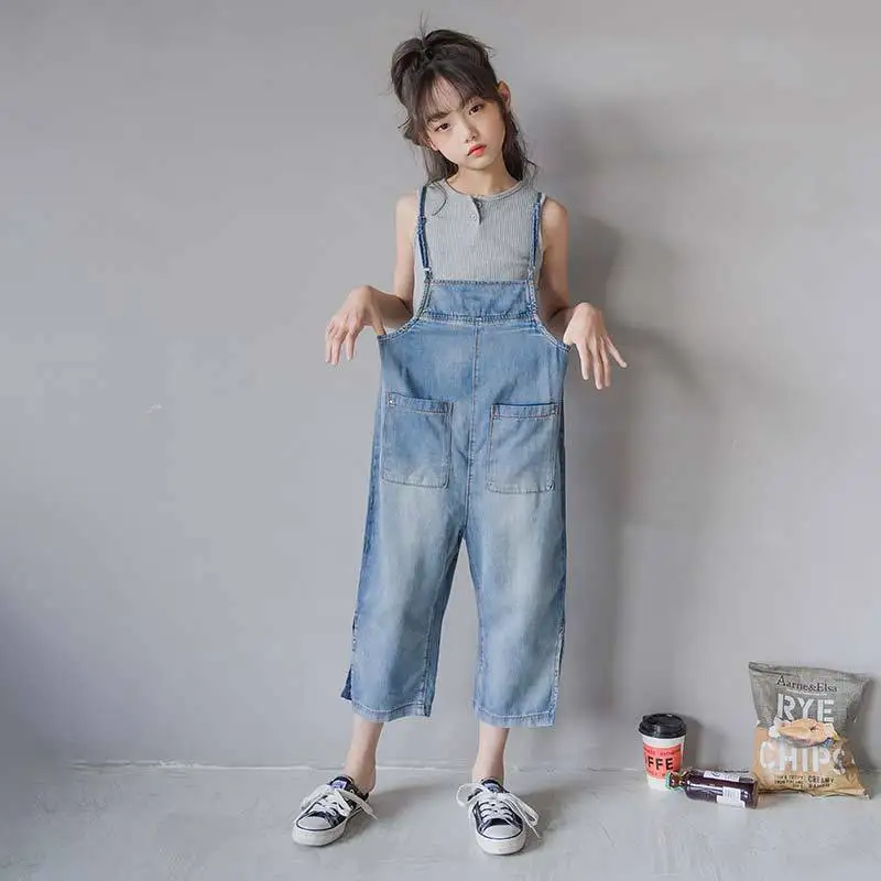 

6 To 16 Years, Kids Overalls 2021 New Summer Girls Jeans Teen Ankle Length Baby Cotton Trousers Straight Fashion,#6207
