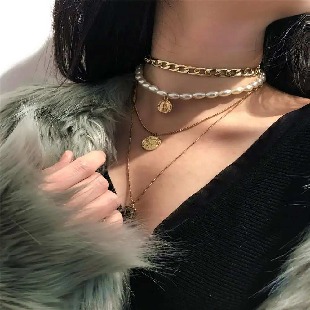 Многослойное жемчужное ожерелье-чокер в стиле панк ожерелье массивное с кулоном