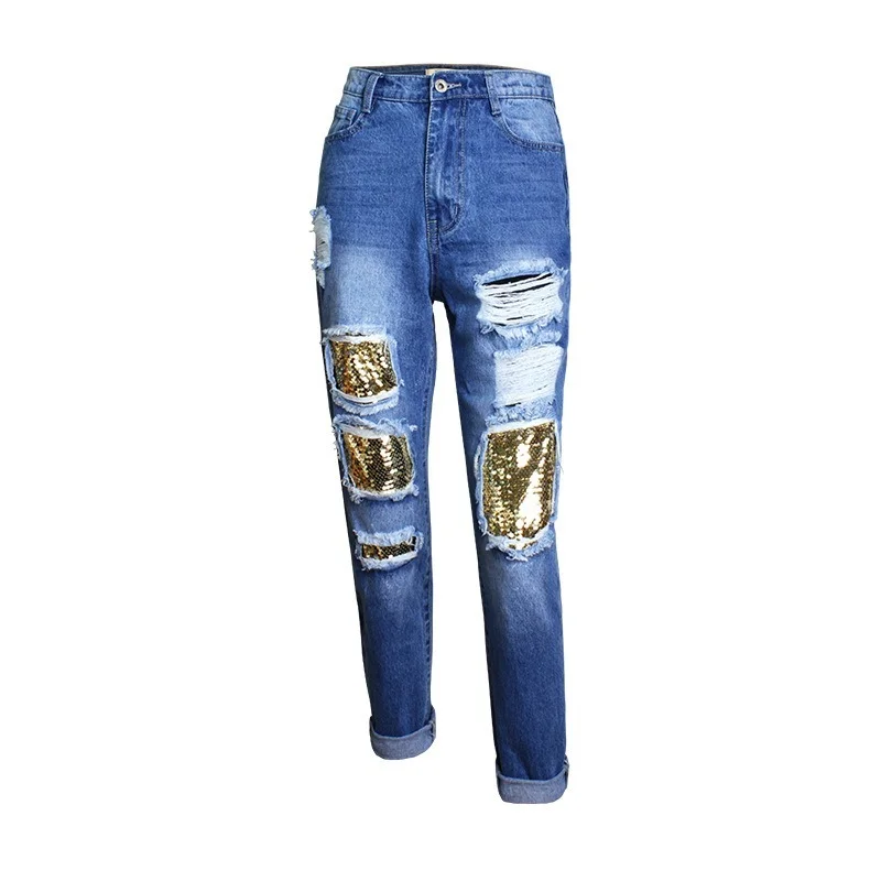 

High Waist Jeans Ladies 2021 Spring and Autumn Sequined Straight Beggar Big Hole Jeans New Loose Pants