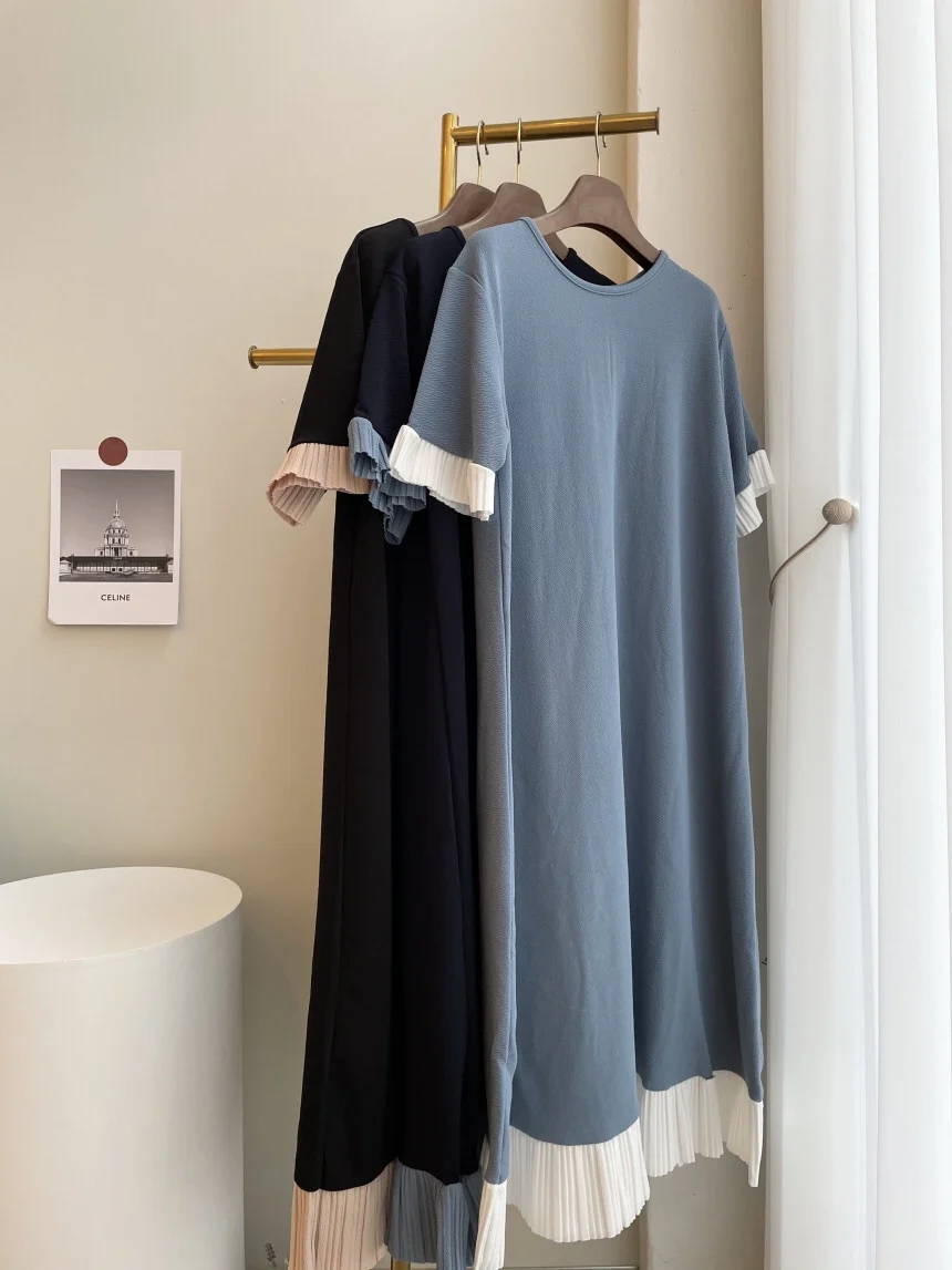 

Summer Women Casual Loose Solid Patchwork A-line Party Dress Vintage O-neck Folds Short Sleeve Korean Long Dress Vestidos