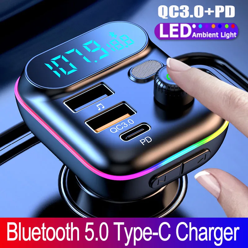 

2022 Car Bluetooth 5.0 FM Transmitter PD 20W Type-C QC3.0 Dual USB Charger 7-colorful Atmosphere Light MP3 Player Lossless Music