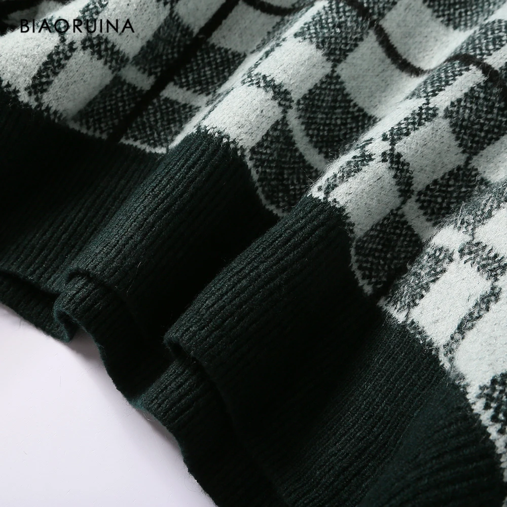 Женский вязаный свитер BIAORUINA в зеленую клетку с круглым вырезом и рукавом летучая