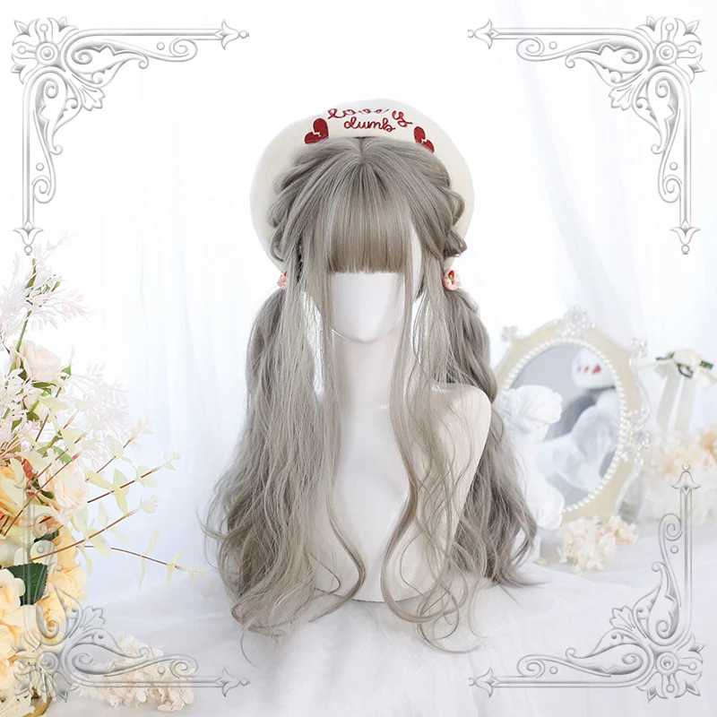 

Female Long Wavy Curly Grey Bangs Wig Women Wigs Lolita Cosplay Party