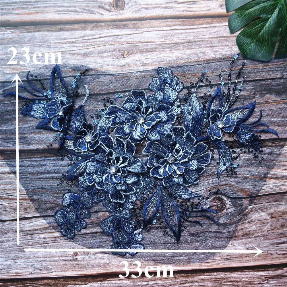 Темно-синяя 3D Цветочная ткань из листового Кружева Блестящие Стразы вышитая
