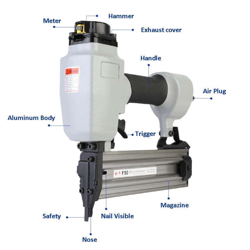 Industry Pneumatic Brad Nailer F50 Air Finish Nail Gun for Carpenter with Hammer and Meter