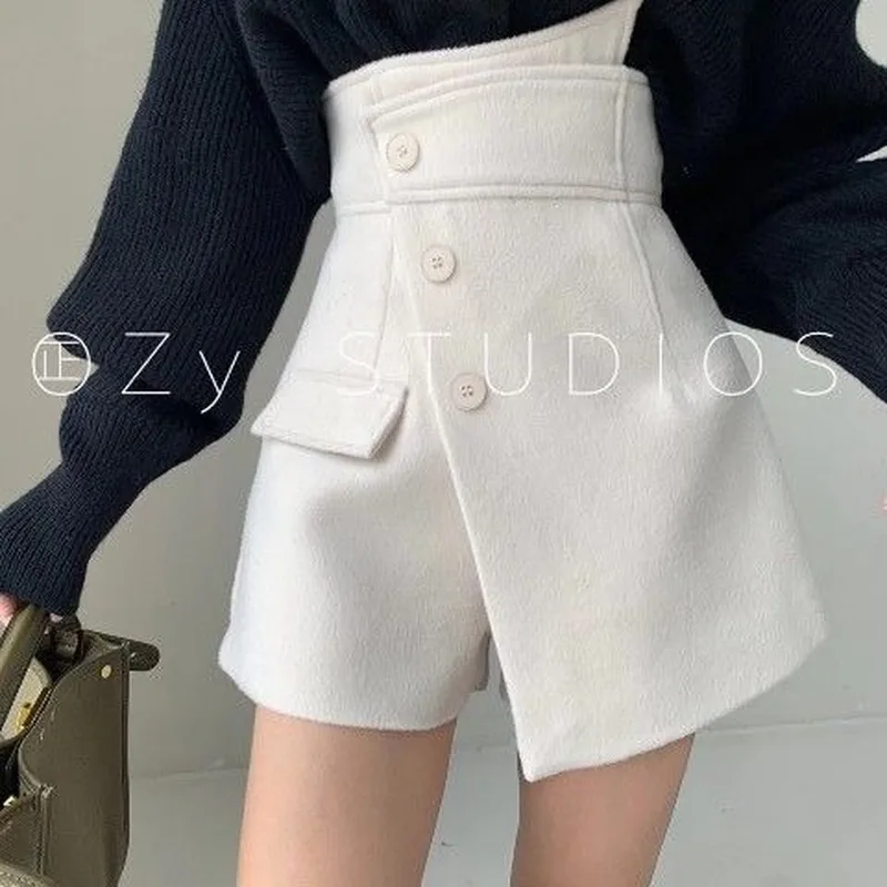 

Elegant Wool Sktrts Women Winter High Waist Solid Button Short Mini Skirts Female Office Lady Casual Korean Skirts Women 2021