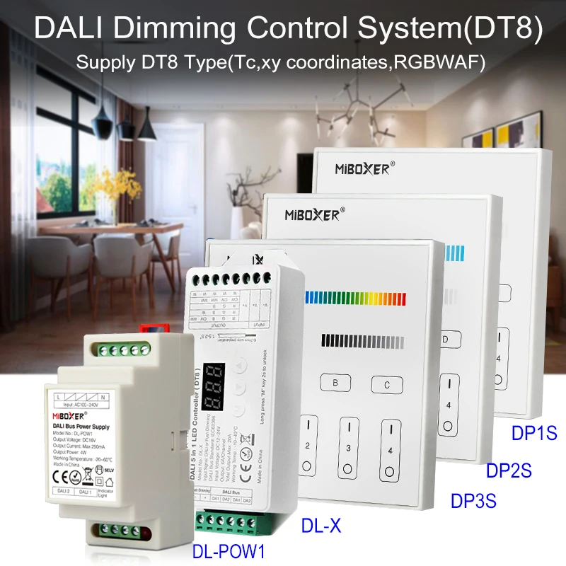 

Miboxer DALI Dimming Control System (DT8) 86 DALI Touch Screen 5 in 1 LED Controller DALI Bus Power Supply DIN Rail LED Lights