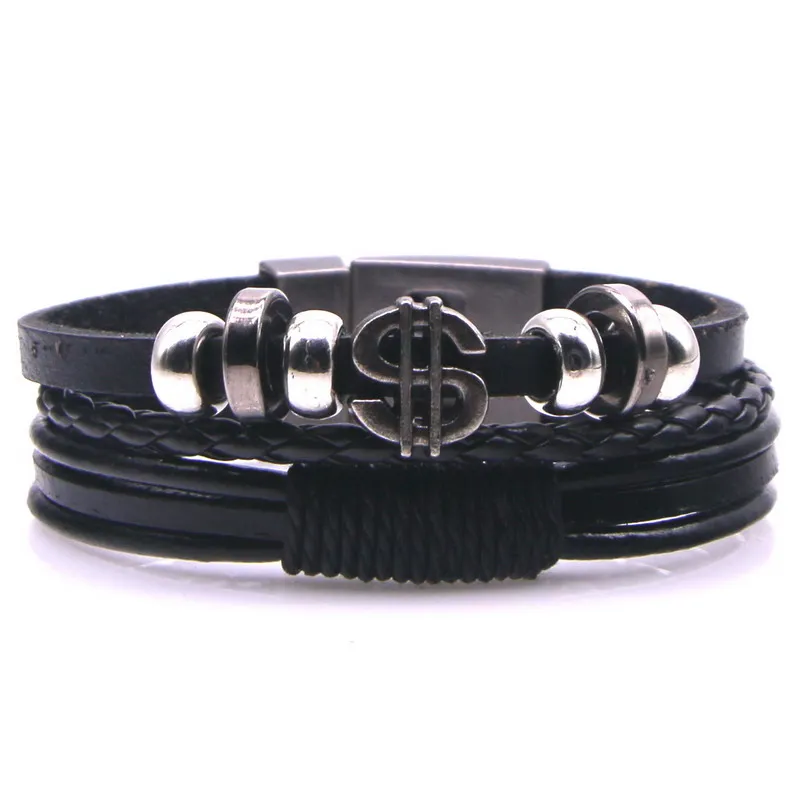 Черный многослойный мужской браслет кожаная веревка цепь сплав переключатель