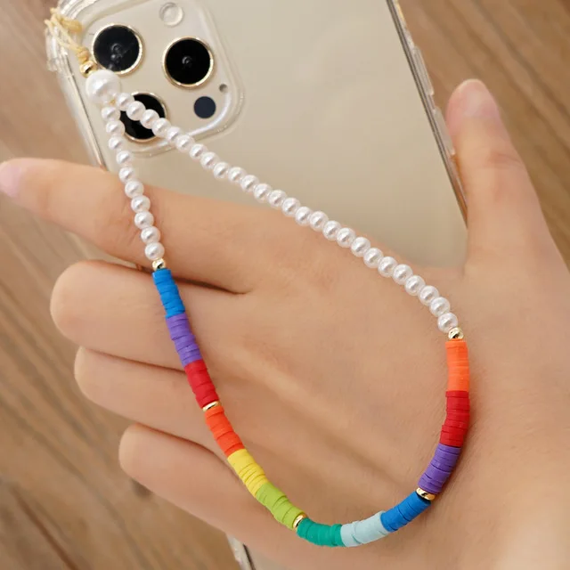 

2021 New Bohemian Imitation Pearl Mobile Phone Chain Gradient Color Soft Pottery Anti-Lost Lanyard for Women's Jewelry Gifts