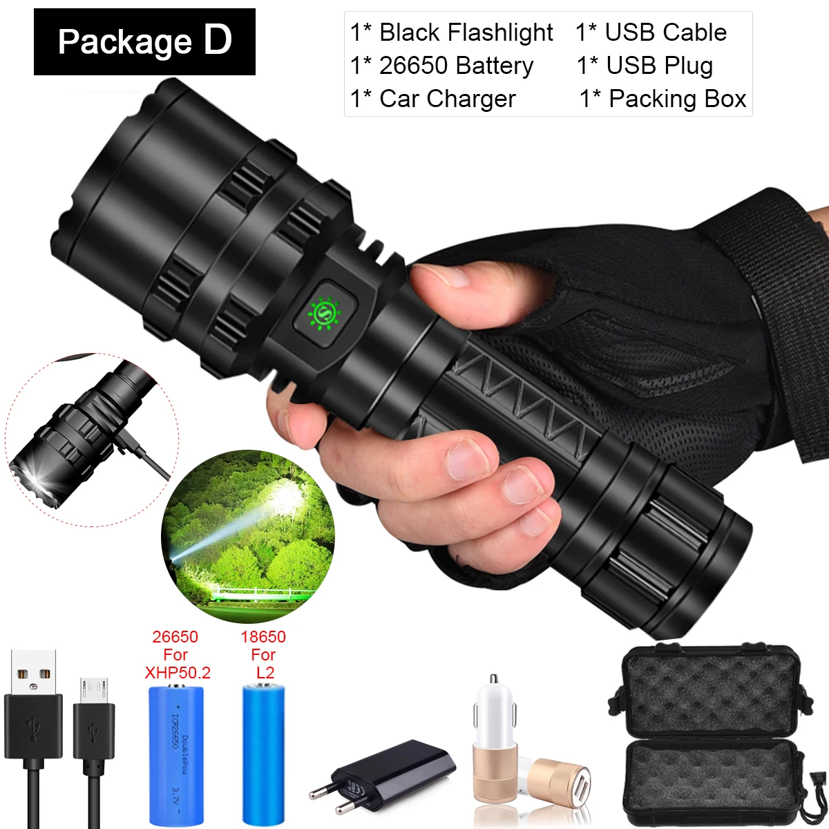 Package D Самый мощный фонарик XHP50.2 светодиодный фонарь Xlamp L2 фонарь Водонепроницаемый светодиодный фонарь охотничий фонарик 18650 26650 аккумулятор - Испускаемый цвет: Package D