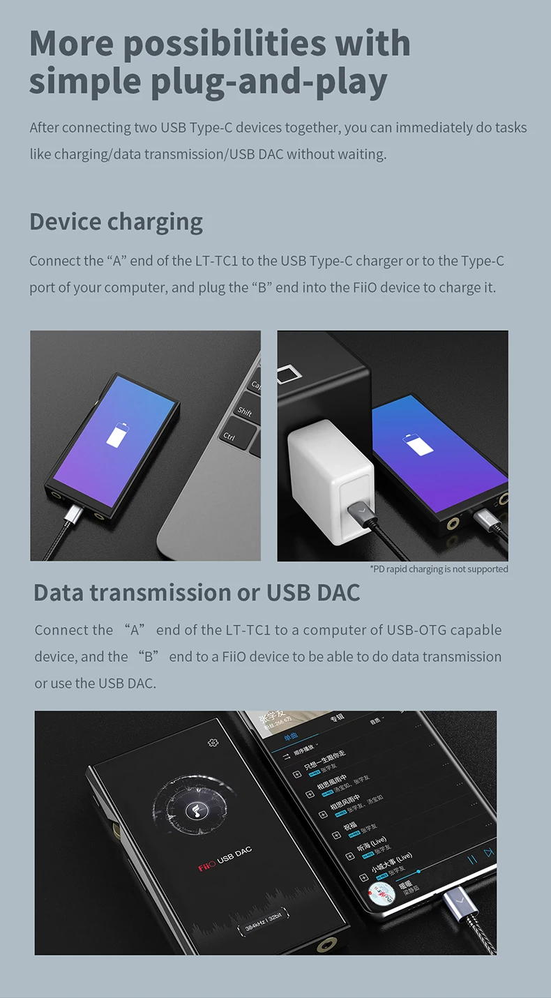 FiiO LT-TC1 TypeC к TypeC аудио кабель для декодирования для FiiO K3/M9/M6/M11/M5/BTR3 SHANLING UP2 и т. д