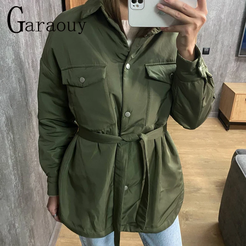 

Garaouy 2022 Autumn Winter Parkas Women Fashion Pockets Coats Elegant Adjustable Solid Color Waist Belt Cotton Jackets Female