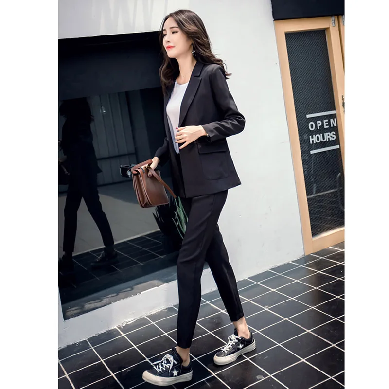Black pants suit Новое поступление, Женский блейзер с длинными рукавами, эластичная резинка на талии, Длинные прямые брюки, комплект из 2 предметов, женские повседневные штаны, костюм S98304F - Цвет: Black pants suit