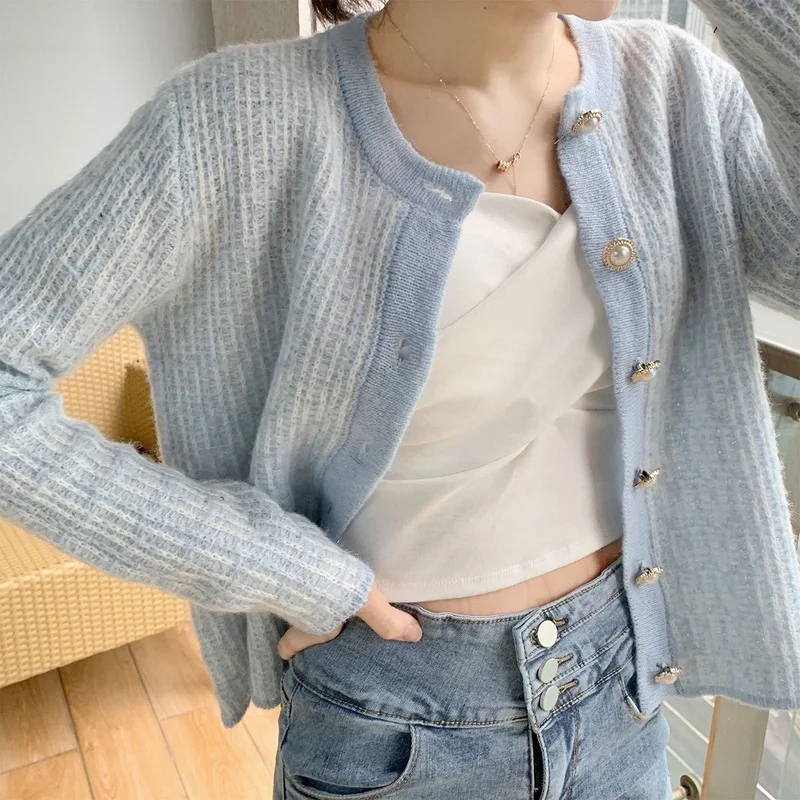 

Lovely Sweet Blue Sweater Knitted Tops 2021 Autumn New Cardigan Women Vintage Sweaters Single Breasted Loose Cardigans Female