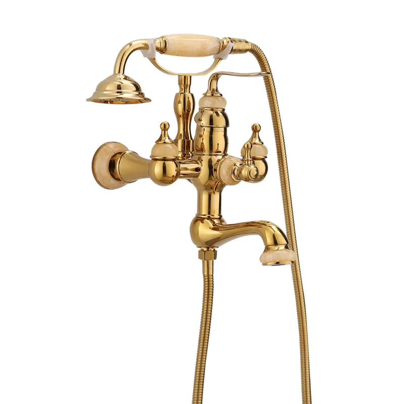 

Gold Bathroom Shower Faucet Set Hot & Cold Solid Brass & Jade Bathtub Mixer Tap Wall Mounted Dual Handle With Handheld Copper