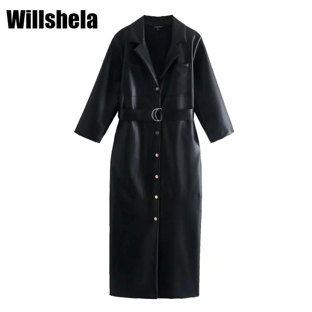 

Willshela женское модное платье-рубашка из искусственной кожи с поясом и воротником в три четверти, шикарное женское платье миди из искусственн...