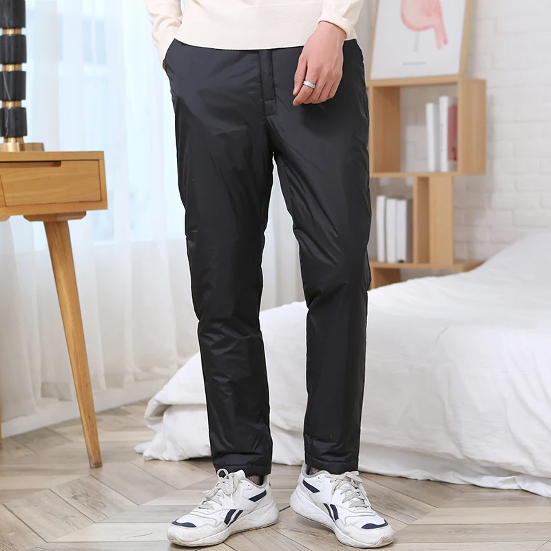 

Winter Black Down Wadded Trousers Men Puffer Down Feather Pant Lightweight Thermal Elastic Waist Zip Front Puff Pants Plus Size