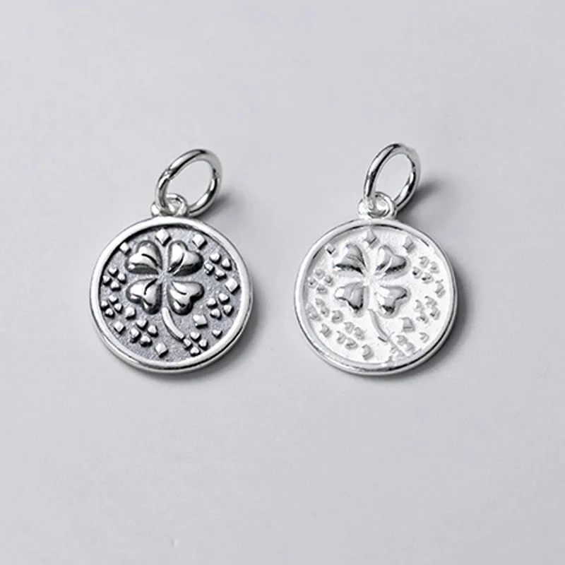 

925 Sterling Silver Double Sides Clover Pattern Round Charms 15mm Lucky Fine Matte Silver Necklace Pendant DIY Jewelry Making