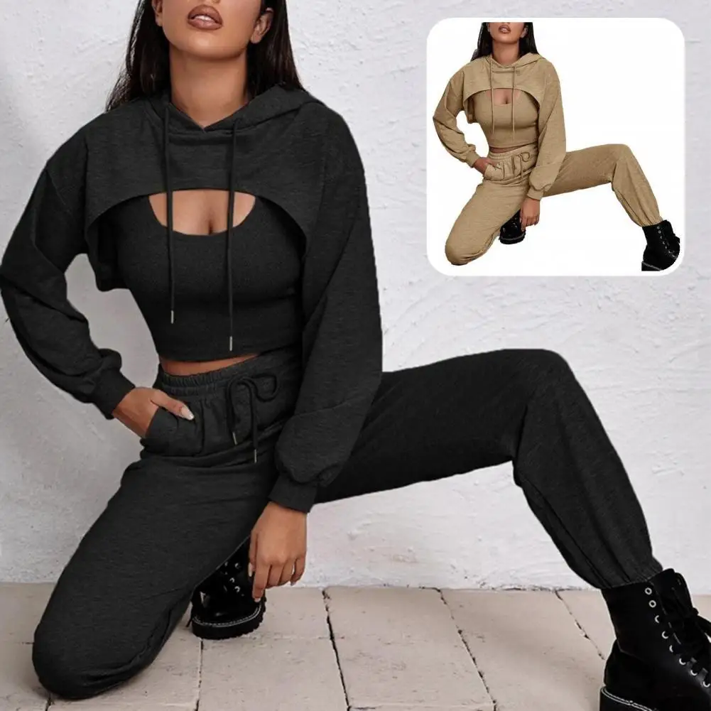 

Sporty 1 Set Stylish Hooded Shawl Vest Lace-up Pants Lady Sportswear Set High Waist for Sports