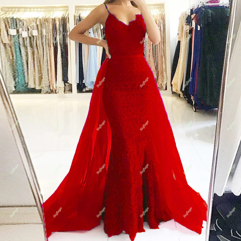 

Detachable Train Red Lace Mermaid Evening Dresses Lacing Up Indian Saudi Arabric Robe De Soiree Celebrity Vestidos Fiesta
