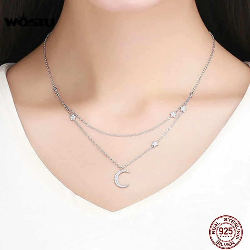 

WOSTU 100% 925 Sterling Silver Moon & Stars Pendant Necklaces Adjustable Double Long Chain For Women Wedding Jewelry Gift CTN038