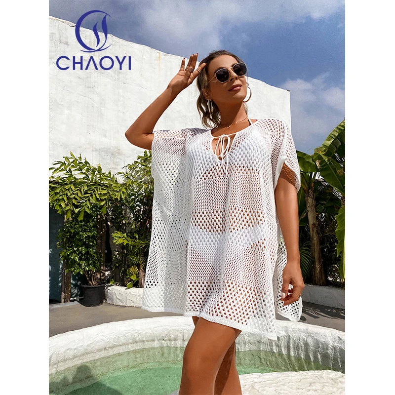

CC Plus Size Beach Cover Up Women Sexy Crochet Hollowed Mini Dress Summer See Through High Split Beachwear Robe Plage Tunic