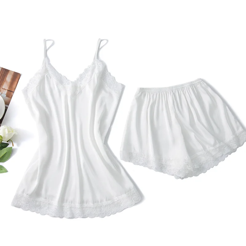 2PCS Pajamas Suit Women Satin Silky Sleep Set Lace Patchwork Nightwear Intimate Lingerie Casual Home Clothes Strap Top&Shorts