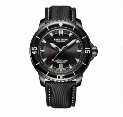 Reef Tiger/RT супер светящиеся часы для дайвинга 200 м Водонепроницаемые Мужские аналоговые автоматические часы с синим циферблатом нейлоновый ремешок RGA3035 SINOWATCH - Цвет: black black black