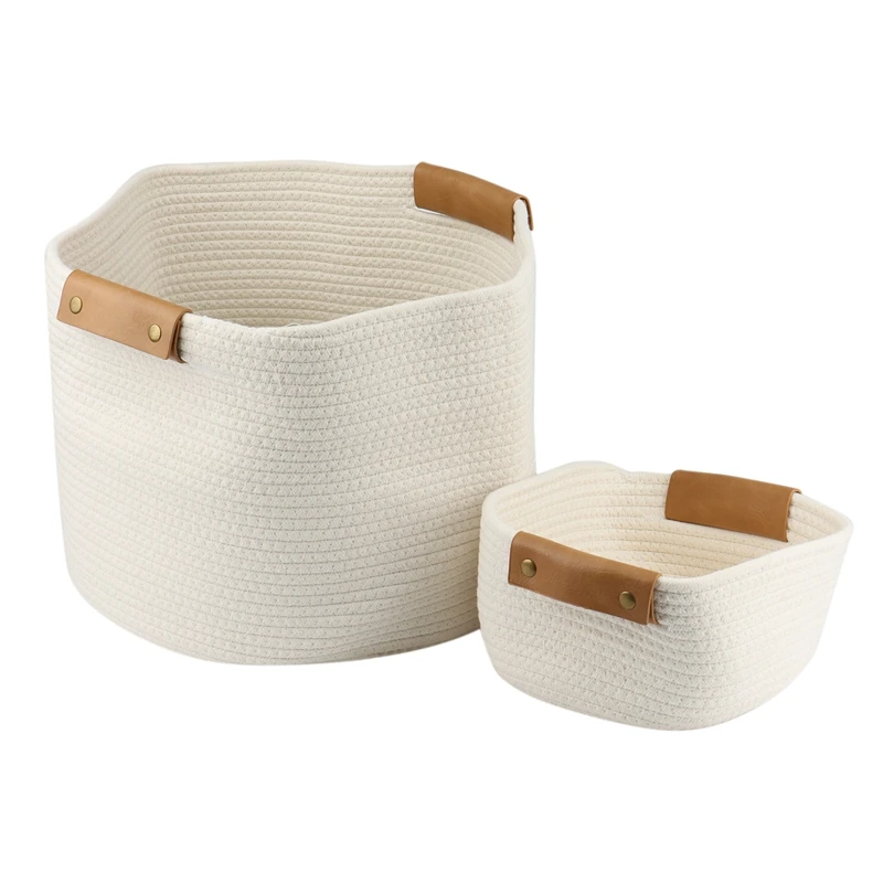 

2Pcs Cotton Rope Woven Leather Handle Household Laundry Basket Cosmetics Sundry Arrangement Storage Frame