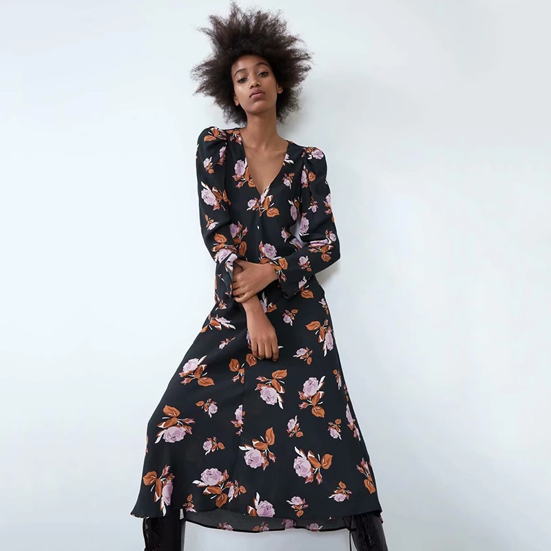 Женское платье с длинным рукавом ZA свободное элегантное шикарное цветочным