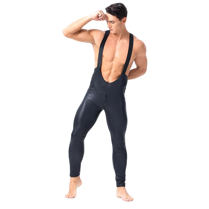 

Sexy Wetlook Black Jumpsuit Men Erotic PU Faux Leather Zipper Open Crotch Bodysuit Male Exotic Fetish Overalls Costume Clubwear