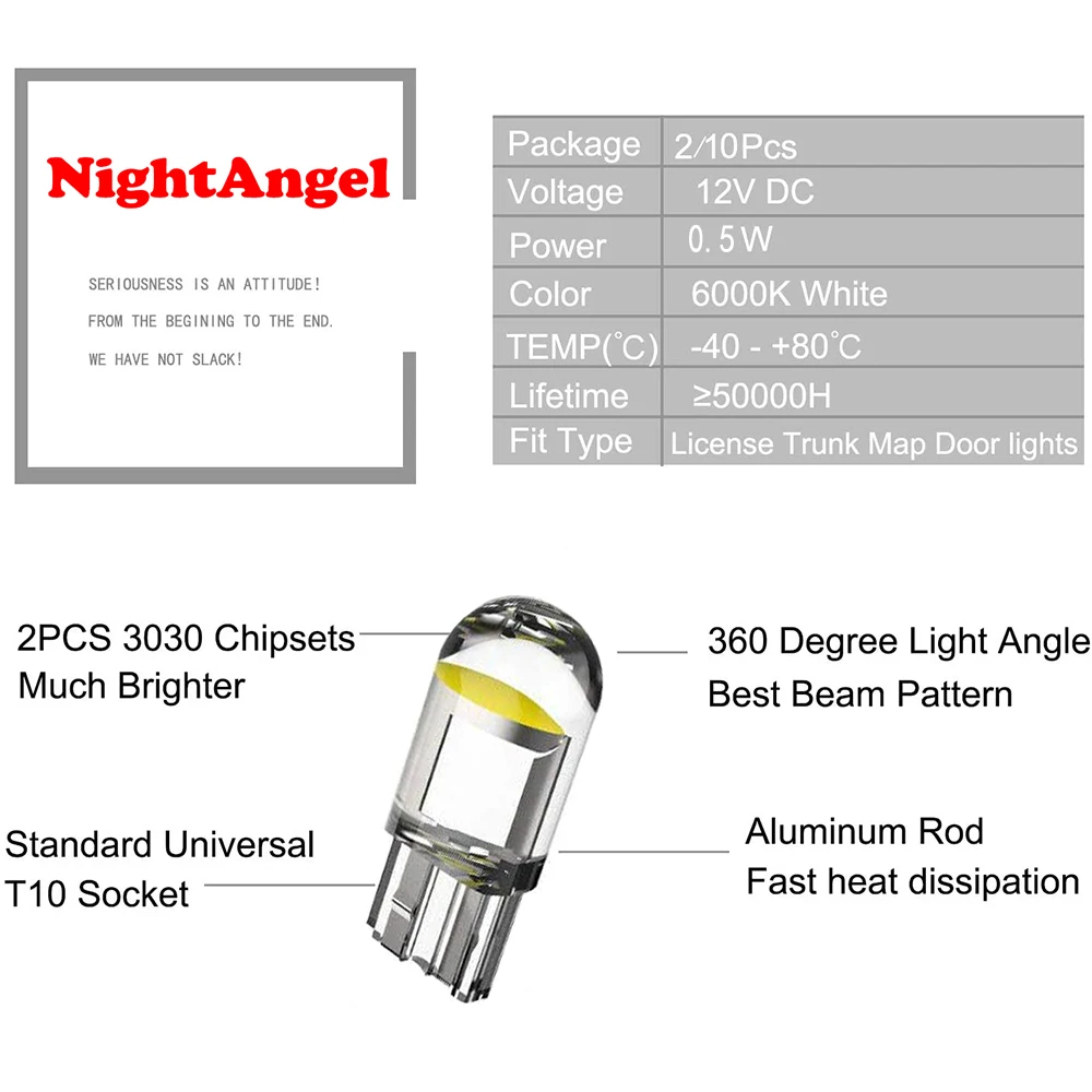 

Super Bright 2/10 Pcs W5W 194 T10 LED Glass Housing Cob Car Bulb 6000K White Green Blue Red Wedge License Plate Lamp Dome Light
