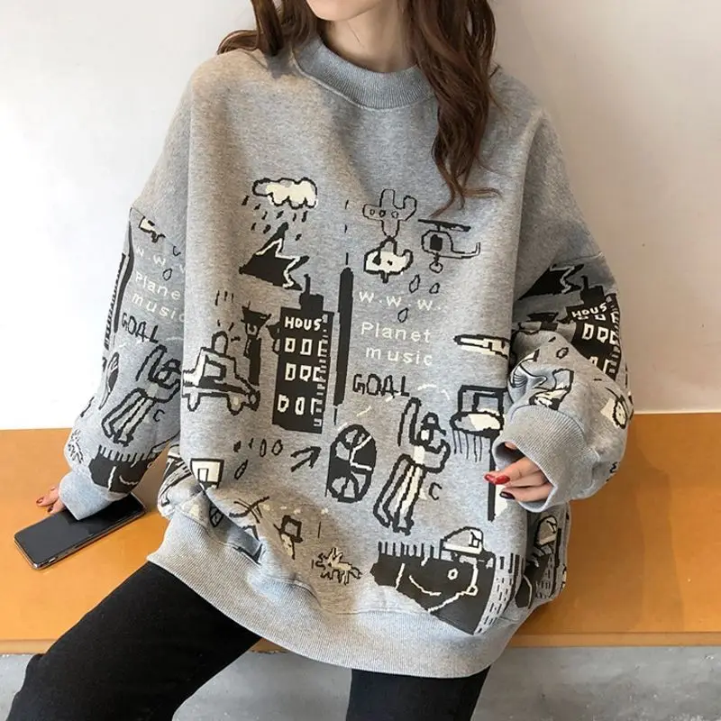 

Printed long-sleeved sweater trend Harajuku women's autumn and winter Korean fashion retro casual loose O-neck sweater 2022 new