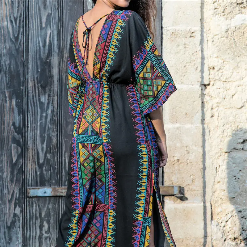 Bohemian Women Summer Beach Dress Swim Wear Cover Up Cotton Tunic Sexy Deep V-Neck Robe Caftan Bikini Cover-ups pareo#Q645
