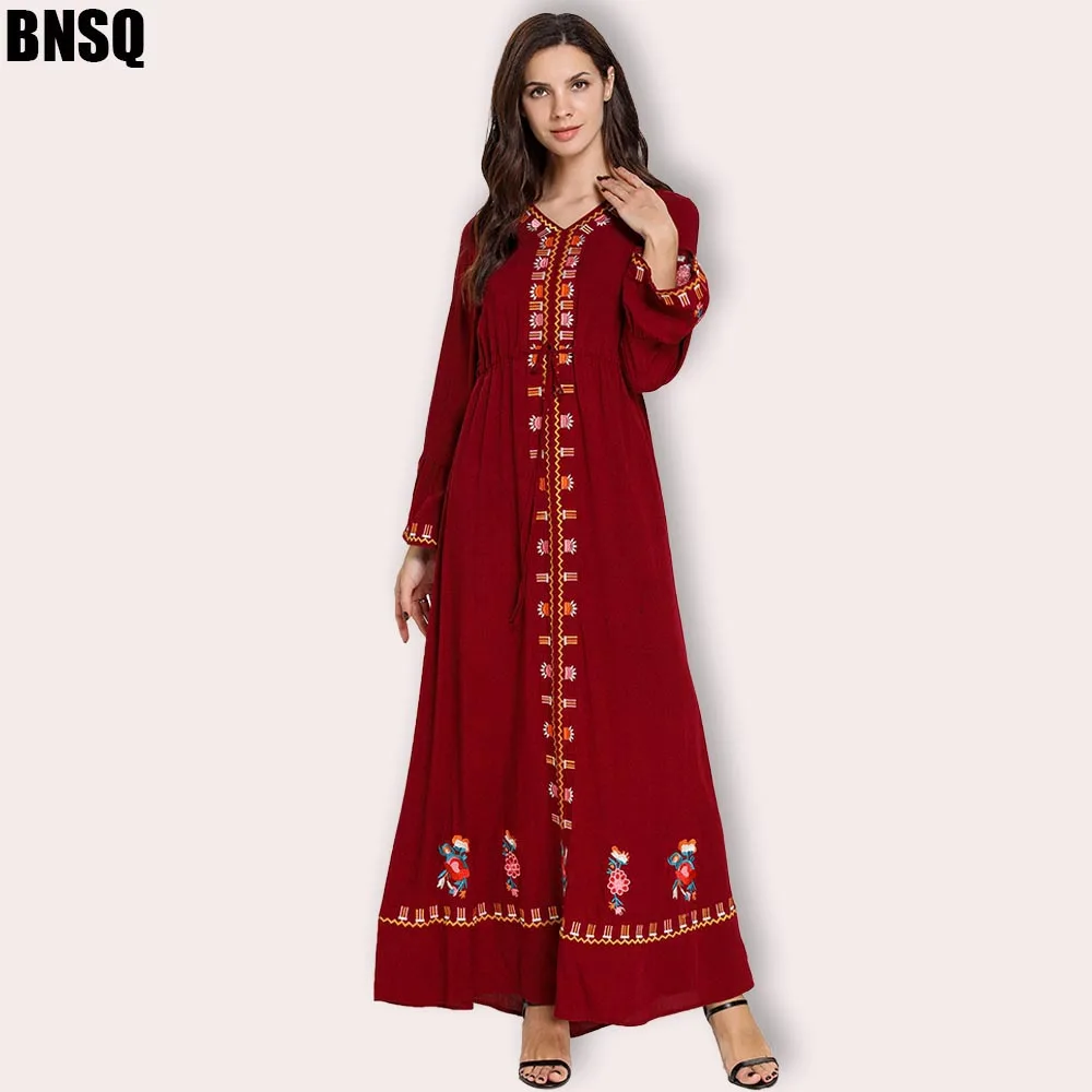 

Платья с вышивкой BNSQ 2019 женский мусульманский свободный однотонный халат abaya исламский, Арабский Кафтан одежда Восточный халат из марокена ...