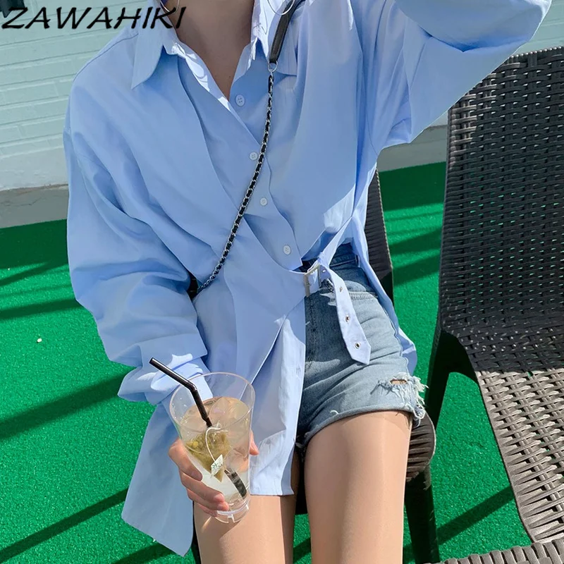 

ZAWAHIKI 2021 Spring Autumn Puff Sleeve Irregular Belt Korean Turn-down Collar Single-breasted Casual Sweet Woman Shirts