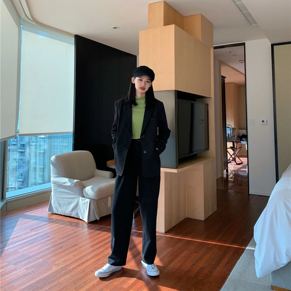 Модный женский брючный костюм с зубчатым блейзером куртка и брюки высокой талией