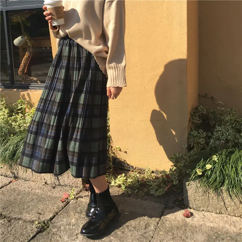 

Vintage Pleated Plaid Skirt Women High Waist Plus Size Long Skirt 2020 Autumn Winter Harajuku Female Party Skirt Streetwear
