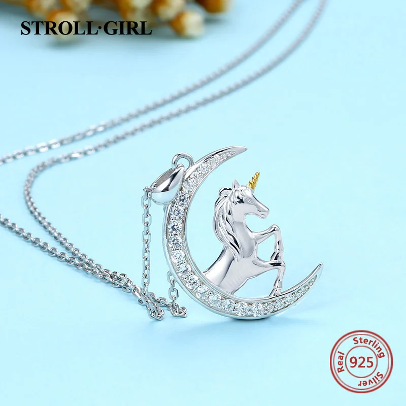 Женское ожерелье из серебра 925 пробы с подвеской в виде Луны и лошади|Ожерелья| |